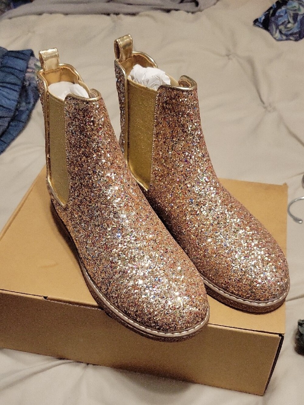 Crewcuts Girls' Glitter Chelsea Boots - Multi Gold Sparkle Sz 2